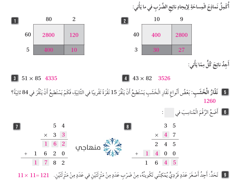 ضرب عدد من منزلتين في عدد من منزلتين